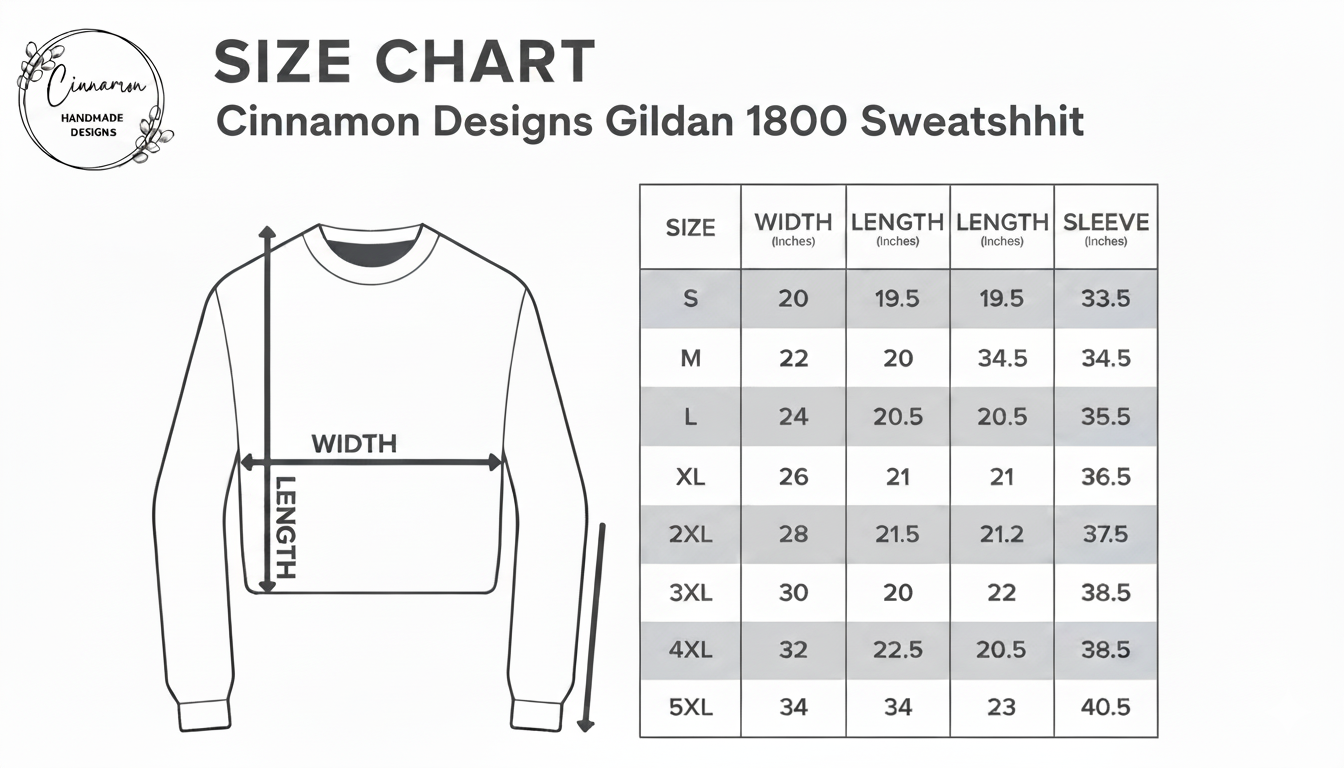 Size chart for Cinnamon Designs Gildan 1800 sweatshirt with measurements.