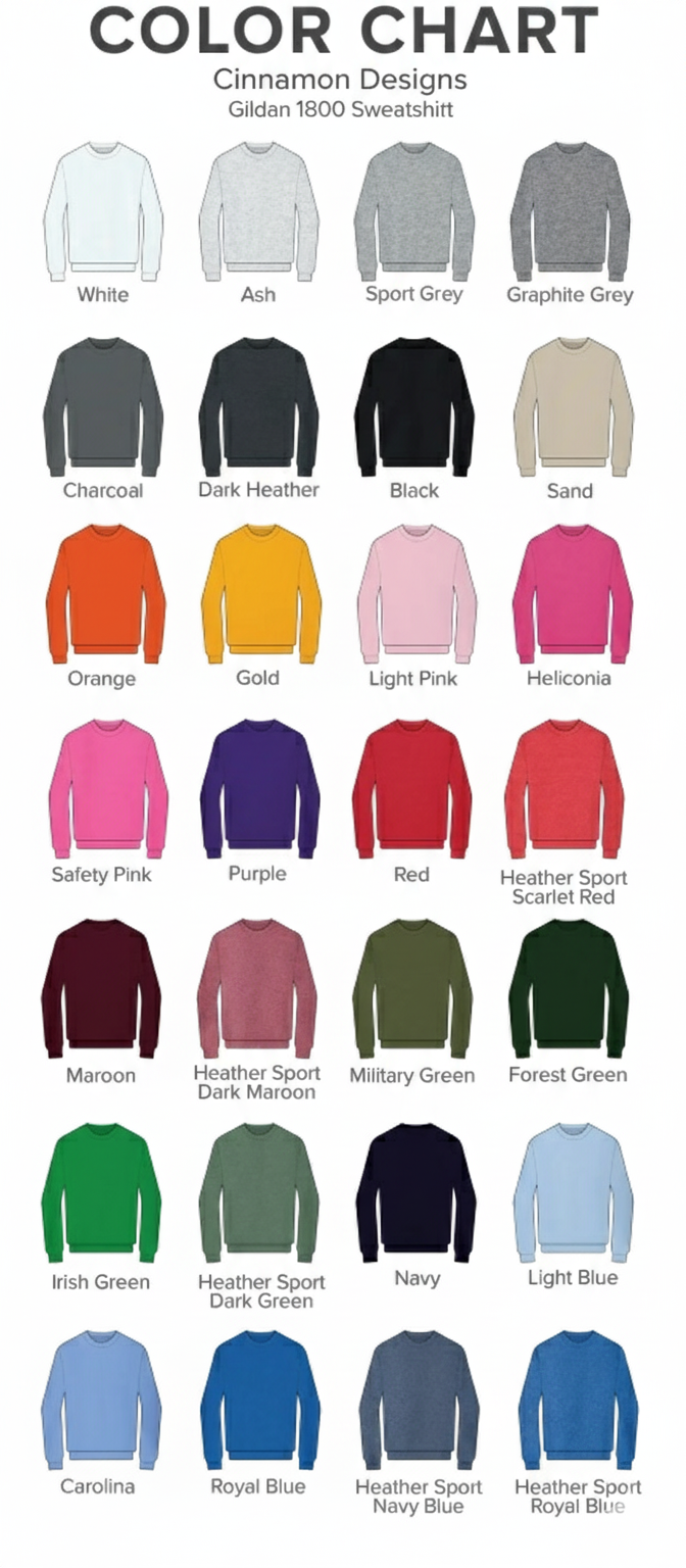 Color chart for Cinnamon D. Gilddan
1800 sweatshirt in various colors.