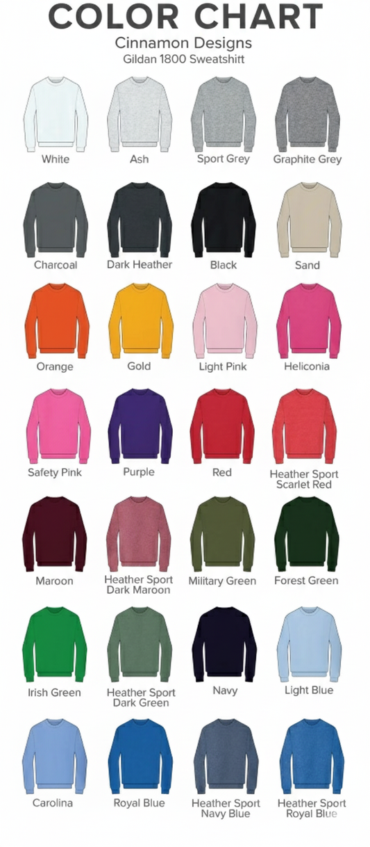 Color chart for Cinnamon D. Gilddan
1800 sweatshirt in various colors.